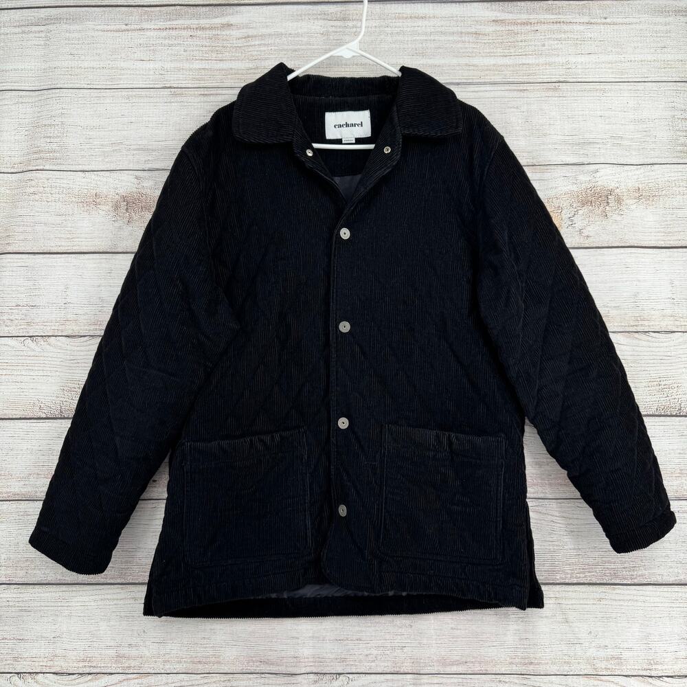 Cacharel Quilted Corduroy Jacket Mens Medium Black Lined Snap‎ Down